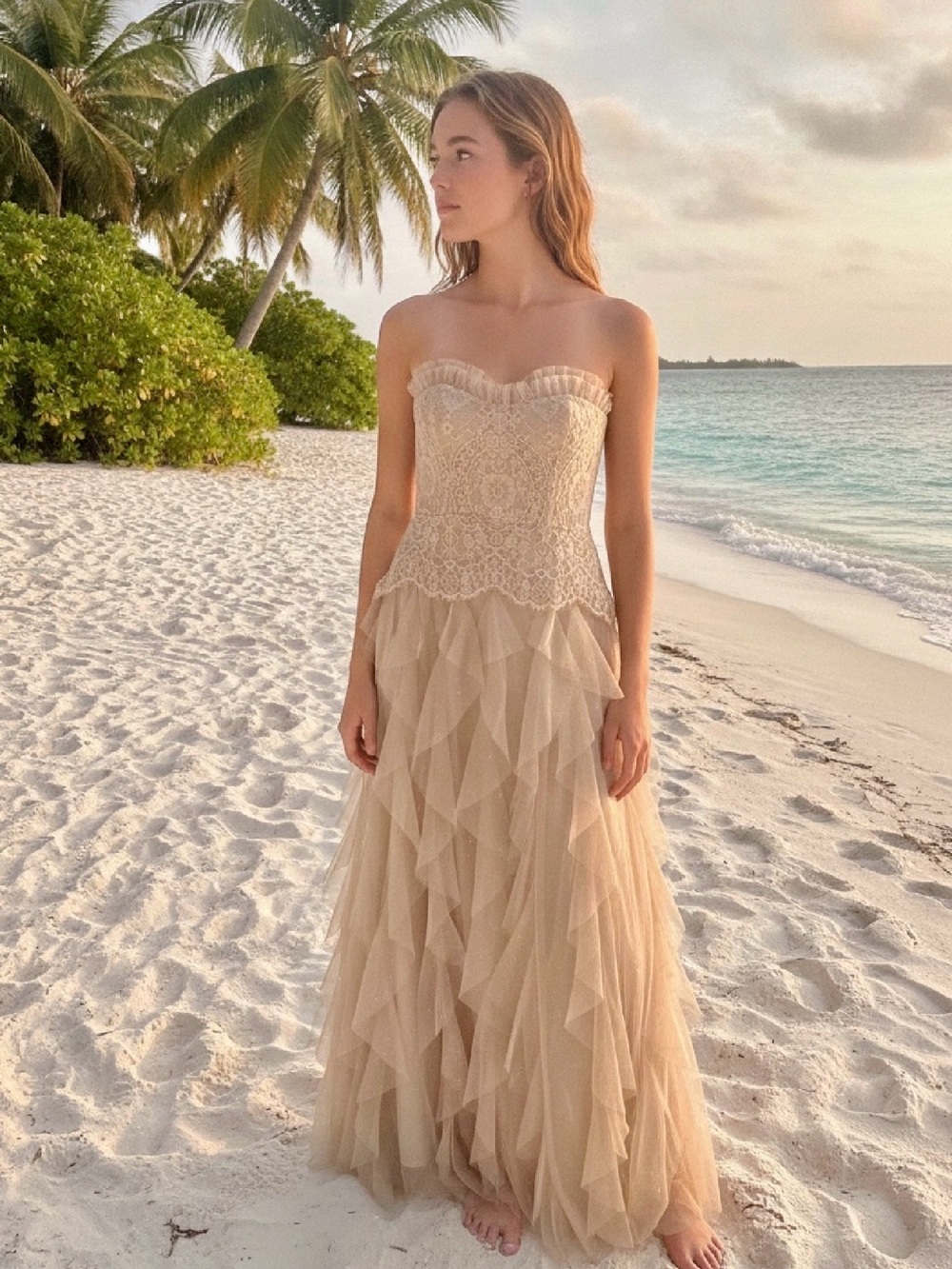 Vintage Jessica McClintock champagne-toned strapless Tiered maxi gown. Size 2